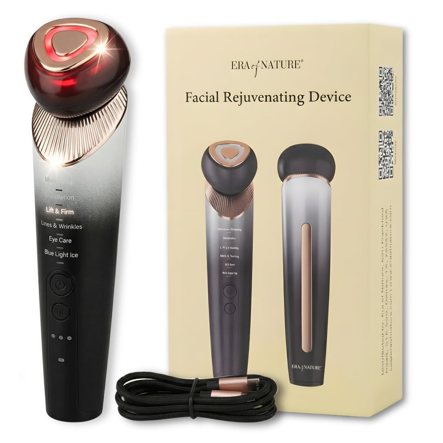 Dispositivo de Tonificación Facial con Luz Roja Era of Nature – Tecnología de 3 Modos de Microcorriente y Luz Roja – Eleva, Apreta e Infunde – Herramienta Compacta de Rejuvenecimiento de la Piel con