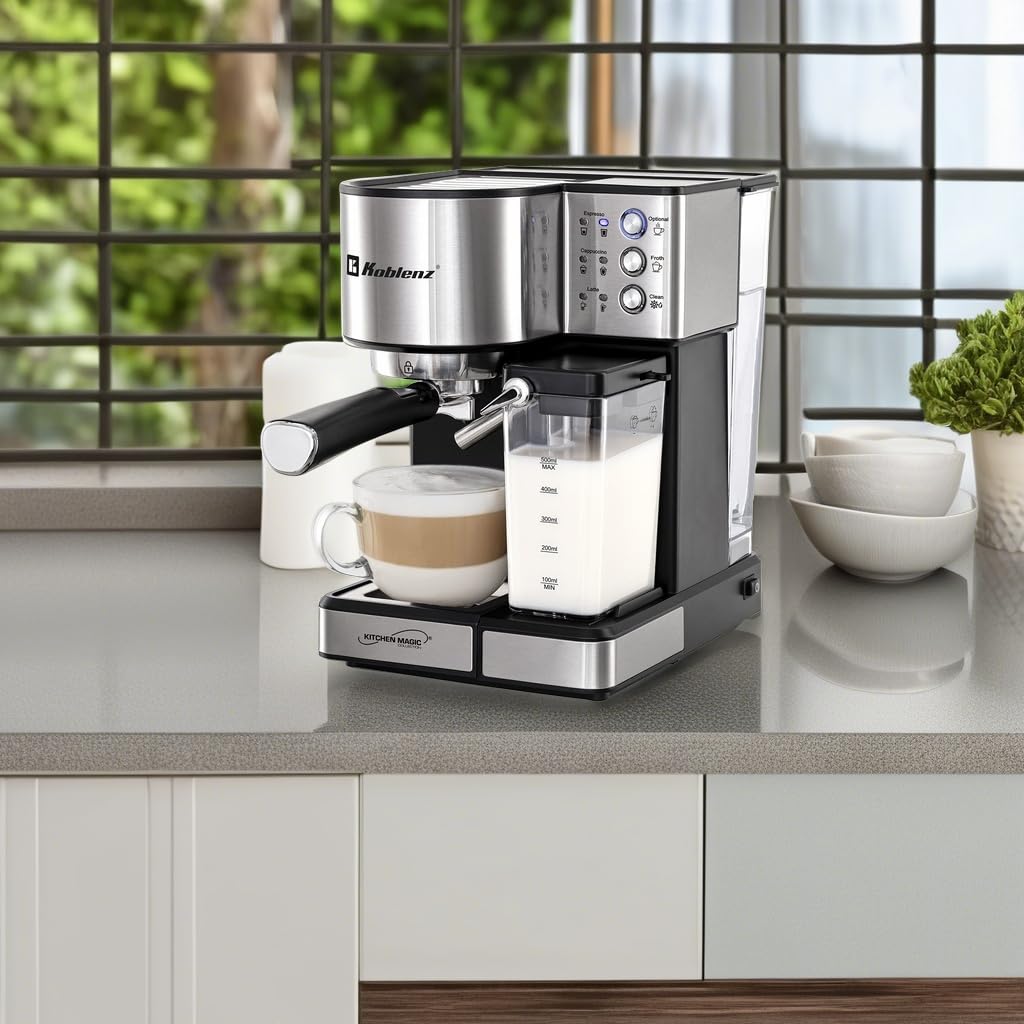 Koblenz Cafetera Espresso, Cappuccino y Latte, 15 Bares de Presión, Multipropósito, Potencia de 1350 W, Deposito de leche, Sistema de Espuma para Café Cappuccino, Filtro lavable (CKM-1350 IN)