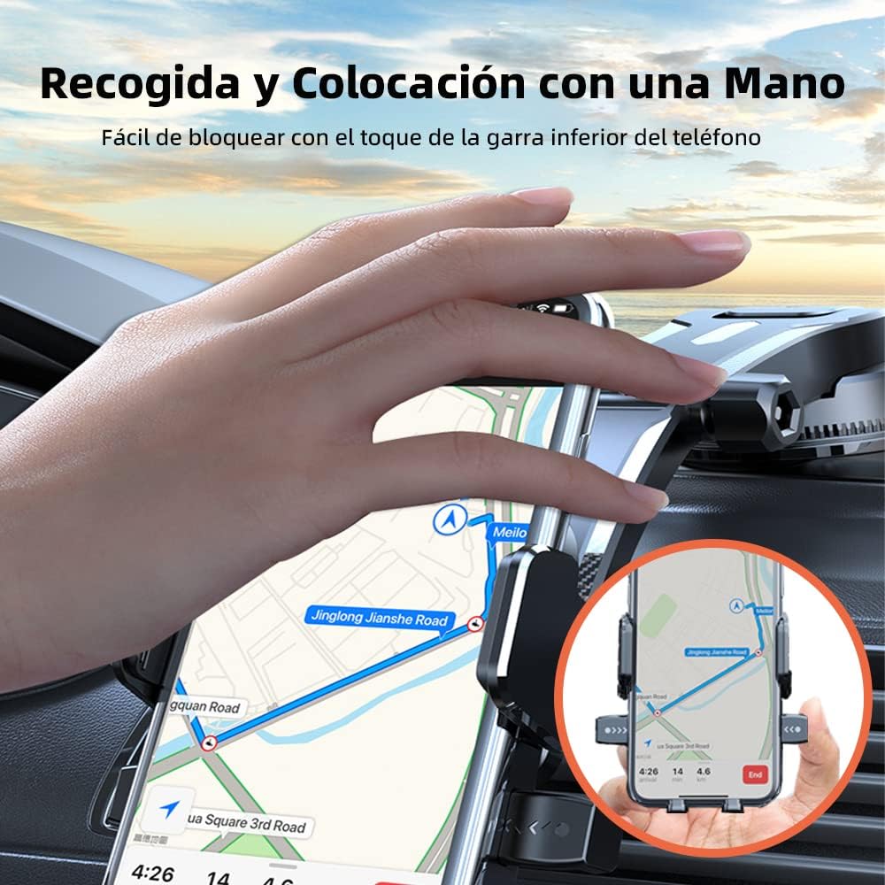 BAYLOVE Soporte Celular Automóvil + Adaptador Auto Carga Rápida Cuatro Puertos, Soporte Celular Auto por Gravedad para Ventosa De Alta Viscosidad, Apto para Todos Los Modelos de Teléfono Móvil