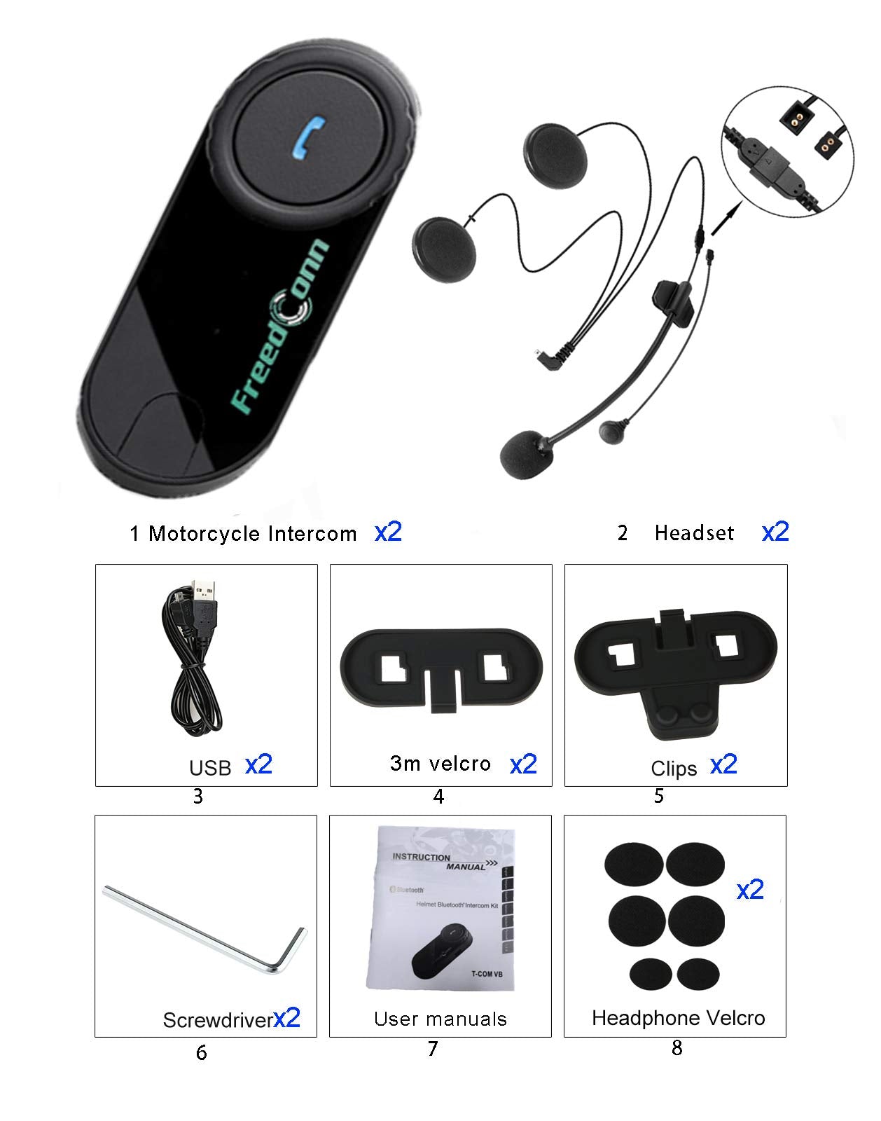 FreedConn - Auriculares Bluetooth para motocicleta, sistema de comunicación de casco TCOM VB de 2 vías, 800 m, intercomunicador Bluetooth para motocicleta, intercomunicador para motos/FM/BT5.0/Siri