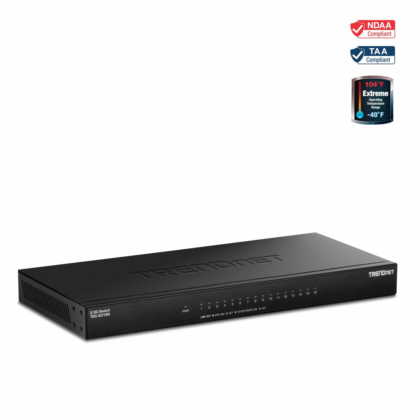 TRENDnet Switch No Gestionado de Escritorio TEG-S3160, 16 Puertos RJ-45 2.5G, Capacidad 80Gbps, Cumple NDAA/TAA