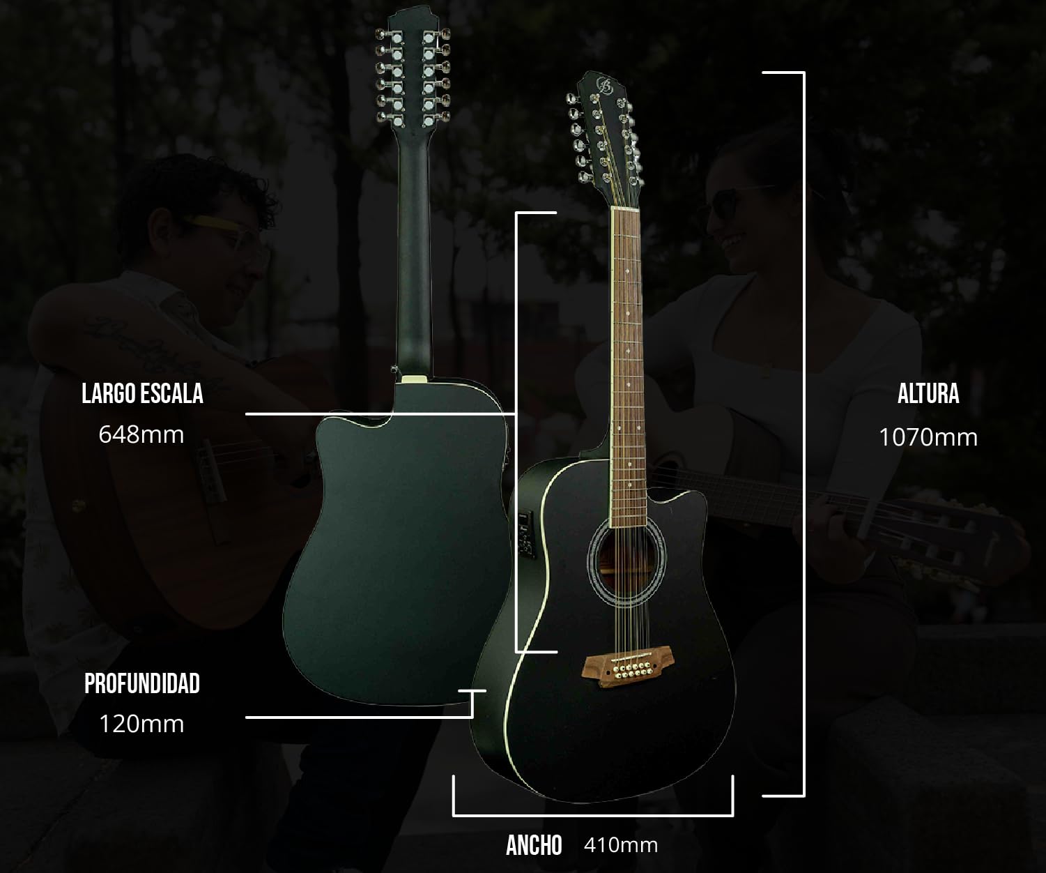 BAMBOO, Docerola Guitarra Acustica 12 cuerdas Negra, Electroacustica, Bridge Doctor, Funda, 42 pulgadas, madera Linden, Equalizador con afinador.