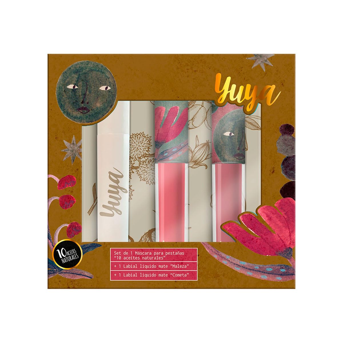 Set Máscara de pestañas 10 Aceites Naturales Negra + Labial Maleza + Labial Cometa