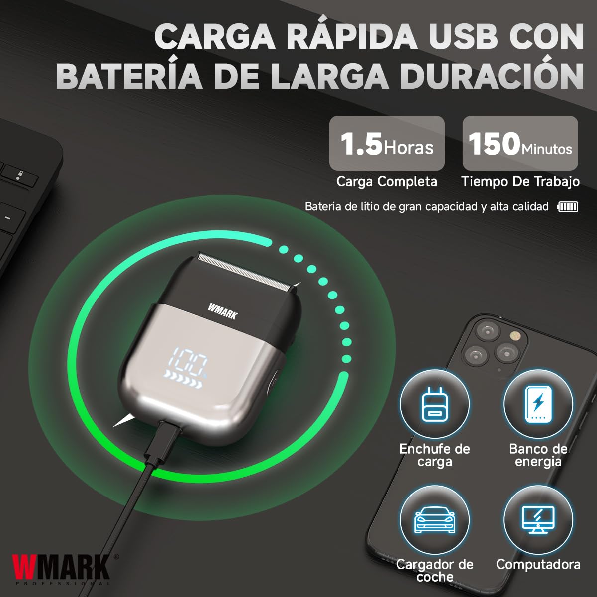 WMARK Mini Rasuradora Afeitadora Eléctrica,8500 RPM Afeitadora Recargable Premium Portátil Para Hombres IPX7,Con Pantalla Led, Para Viajes Y Hogar