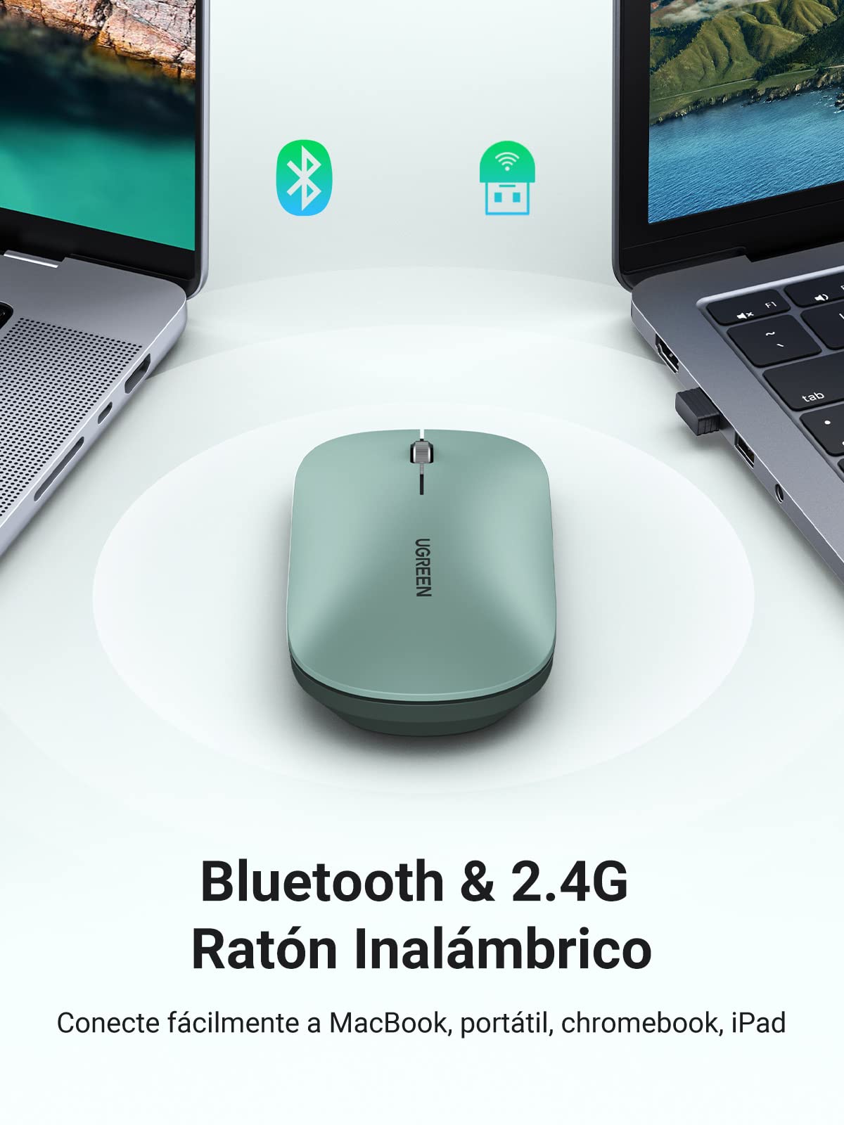 Ratón Inalámbrico UGREEN Verde Bluetooth y USB Silencioso hasta 4000 dpi