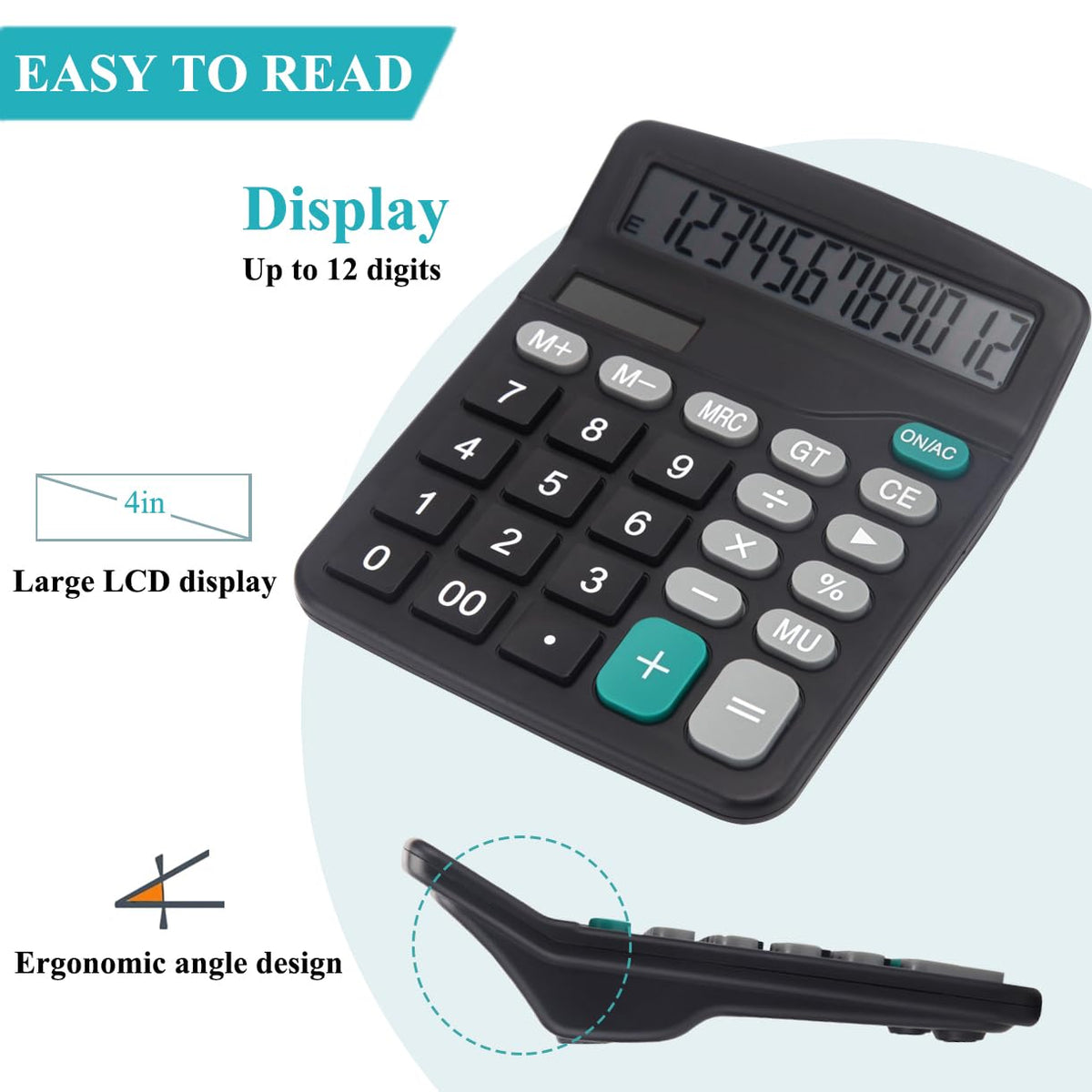 Calculadora Básica de Oficina para Computadora con Pantalla Grande de 12 Dígitos y Energía Solar Dual