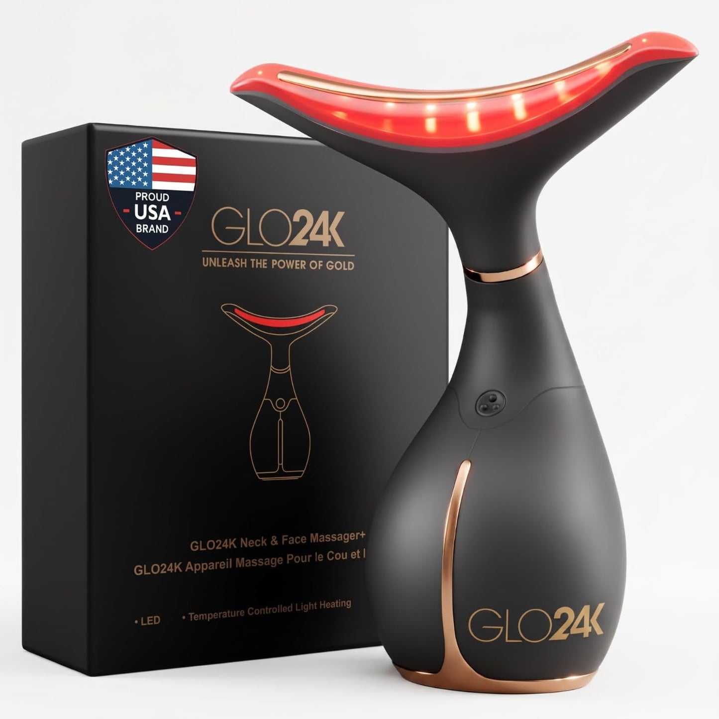 GLO24K - Dispositivo de belleza para rejuvenecimiento de la piel para cara y cuello, basado en tecnología LED de triple acción, térmica y vibración. Levanta y aprieta la piel flácida para una apariencia radiante.