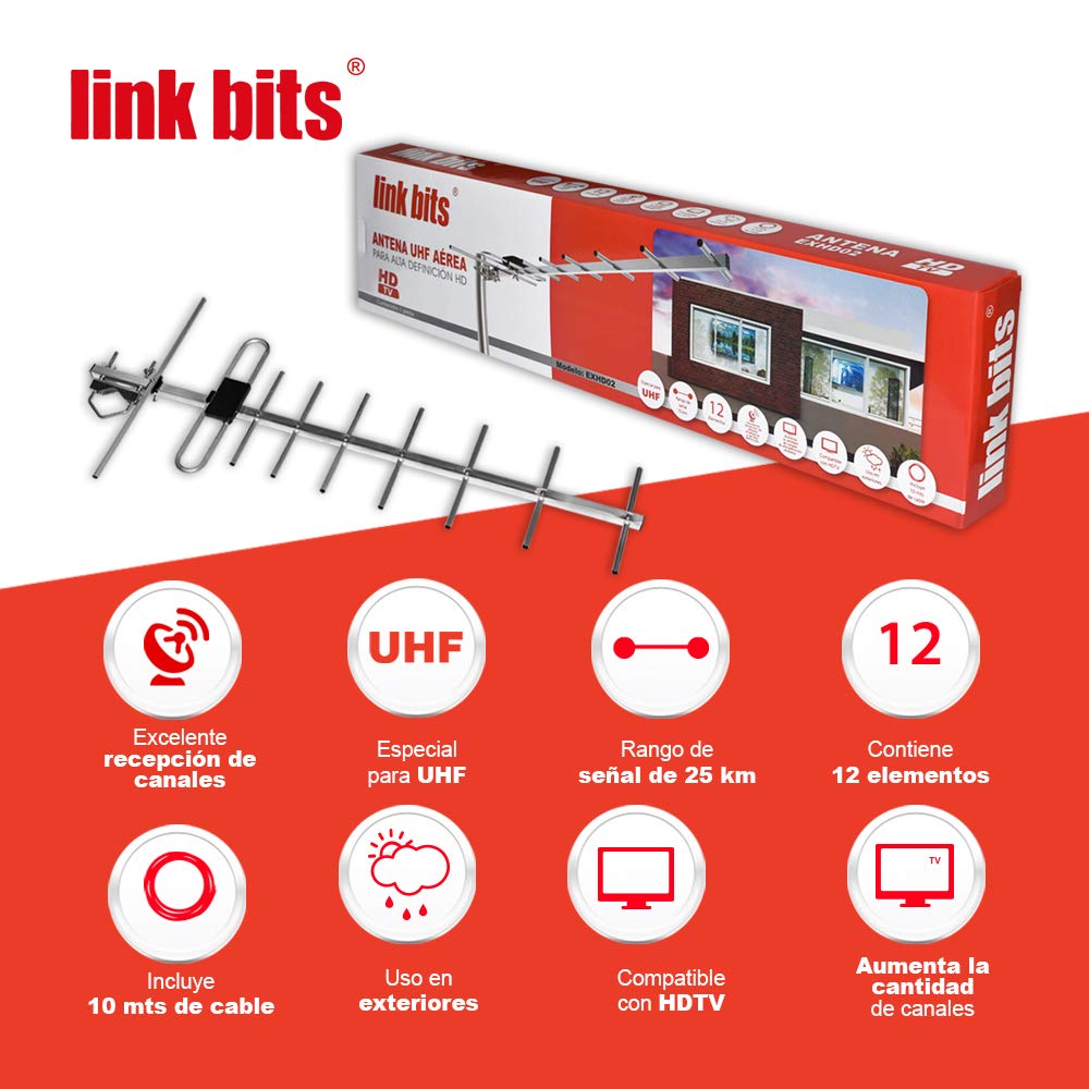 LINK BITS EXHD02 Antena TV Digital Exterior HD, recepción amplificada, Canales televisión Abierta (Incluye 10m de Cable Reforzado)