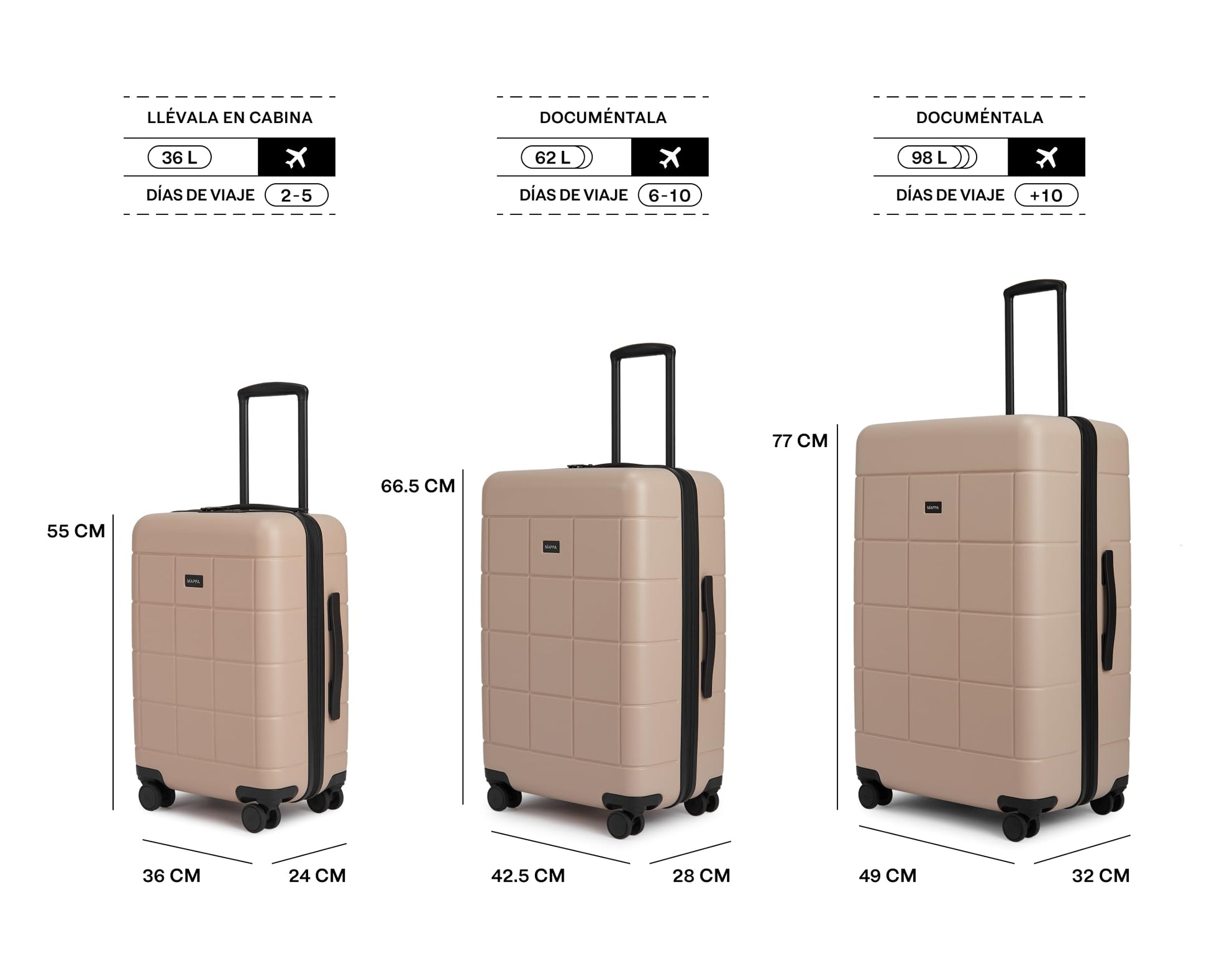 Mappa Original - Maleta de Viaje Rígida Garantía 10 Años 100% Makrolon Alemán, Ruedas Giratorias 360 de Tecnología Hinomoto, Candado TSA, Pad de Compresión, Maleta de 24 pulgadas, Color Beige