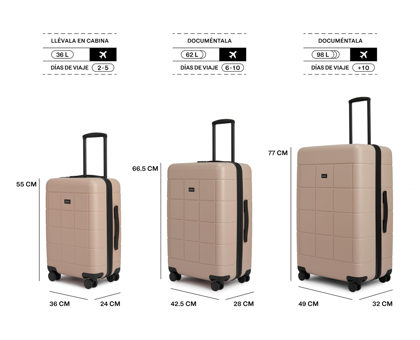 Mappa Original - Maleta de Viaje Rígida Garantía 10 Años 100% Makrolon Alemán, Ruedas Giratorias 360 de Tecnología Hinomoto, Candado TSA, Pad de Compresión, Maleta de 24 pulgadas, Color Beige