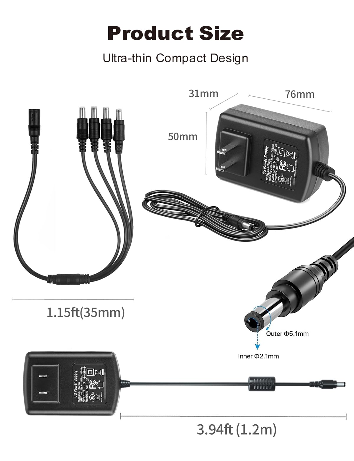 Lonnky - Cargador 12v, Adaptador de Corriente para Cámara de Seguridad DC 12 V 2 A con Divisor de 1 a 4 Potencias para Sistema de Cámara de Seguridad CCTV, Certificado ULFCC para América del Norte