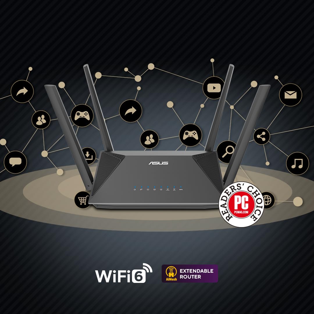 ASUS Router RT-AX52 (AX1800) WiFi 6 de Doble Banda, protección instantánea, programación de Control Parental, VPN incorporada, Compatible con AiMesh