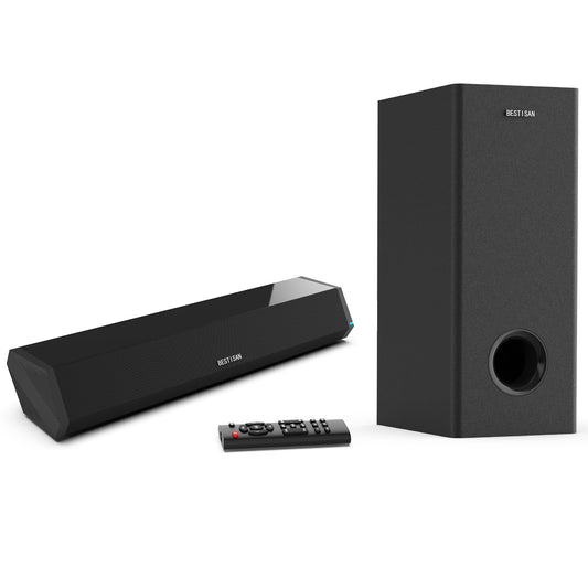 BESTISAN Barras de sonido para TV con subwoofer, 2.1 graves profundos pequeña barra de sonido para monitor de TV, altavoz de cine en casa, sistema de sonido envolvente para juegos de PC con conexión