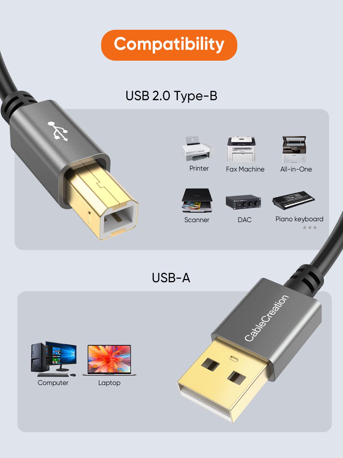 CableCreation Cable de Impresora USB 1.5 metros, Cable de Impresora USB 2.0 a Computadora, Cable de Impresora USB A a USB B para HP, Epson, MIDI, Brother, Piano, Dac, Caja de Aluminio, Gris Espacial