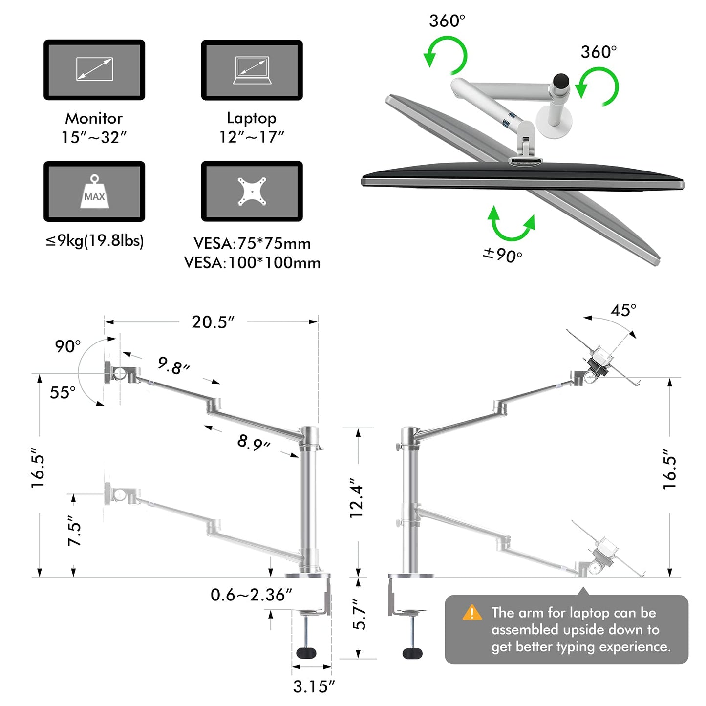Soporte para Monitor y Laptop viozon Negro Ajustable 2 en 1 para Escritorio