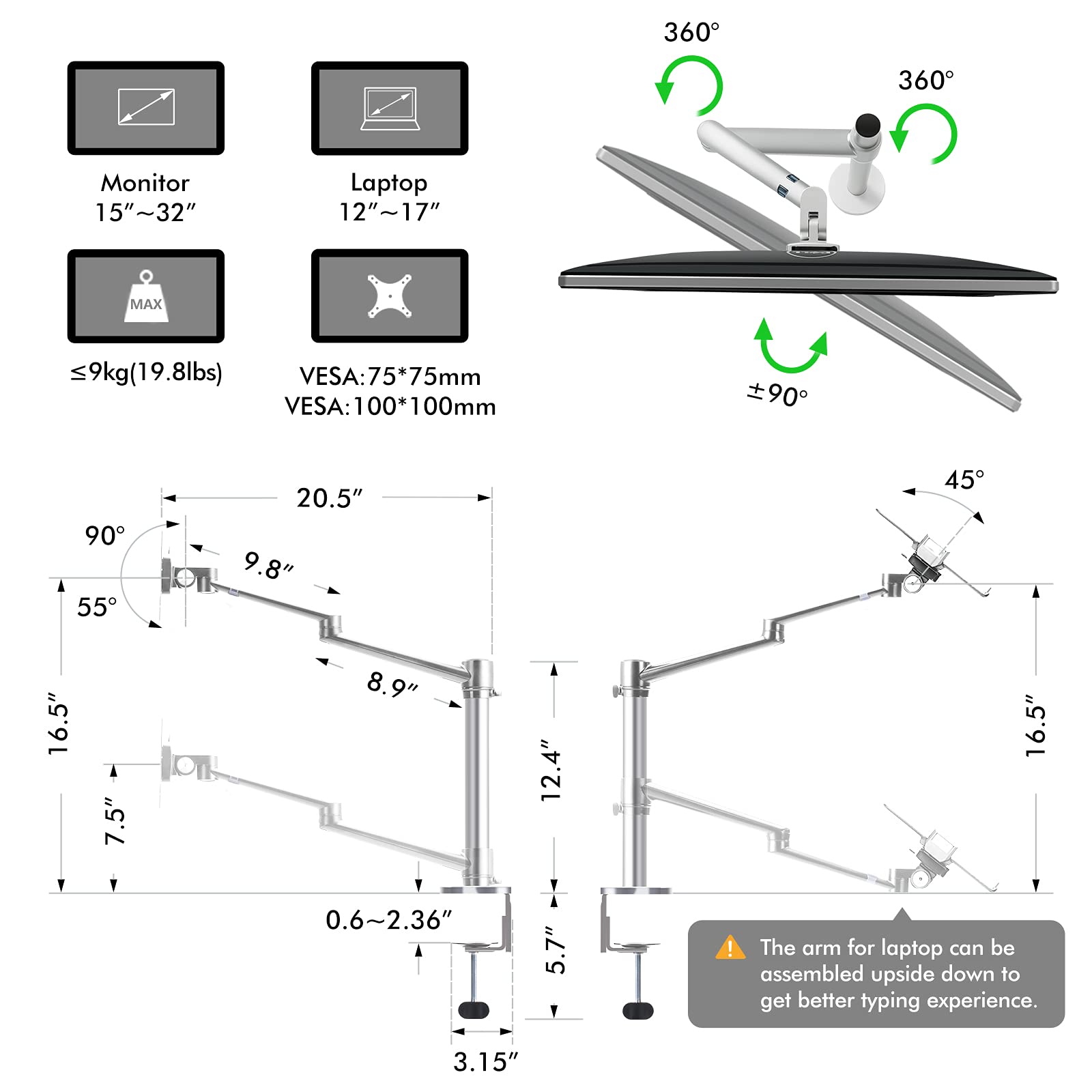 Soporte para Monitor y Laptop viozon Negro Ajustable 2 en 1 para Escritorio