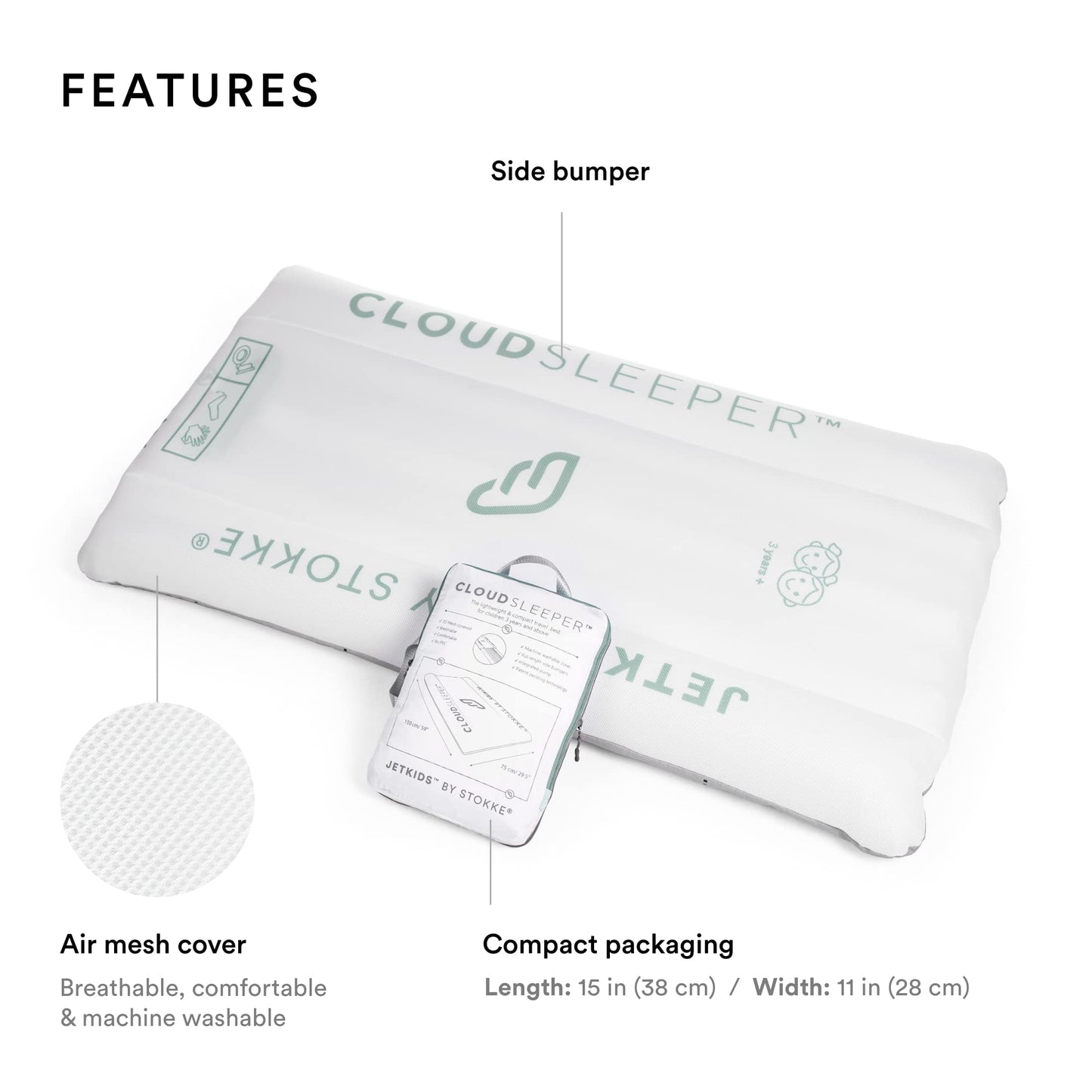 Stokke JetKids by CloudSleeper - Cama Hinchable de Viaje para niños - con Bomba de Aire integrada, Funda de Malla Transpirable y Protectores - Fácil de Limpiar - A Partir de los 3 años