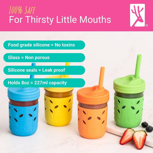 Vasos de Vidrio Elk and Friends Multicolor con Tapas y Pajitas de Silicona para Niños