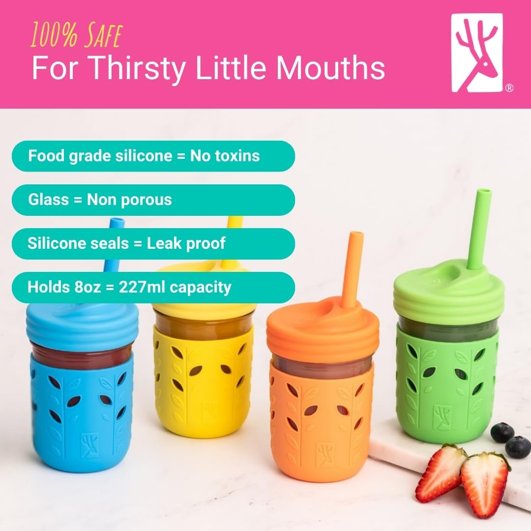 Elk and Friends - Vasos de vidrio para niños y niños pequeños, el tarro de vidrio original de 8 onzas con mangas + tapas, pajitas de silicona + tapón | Taza para batidos, almacenamiento de alimentos
