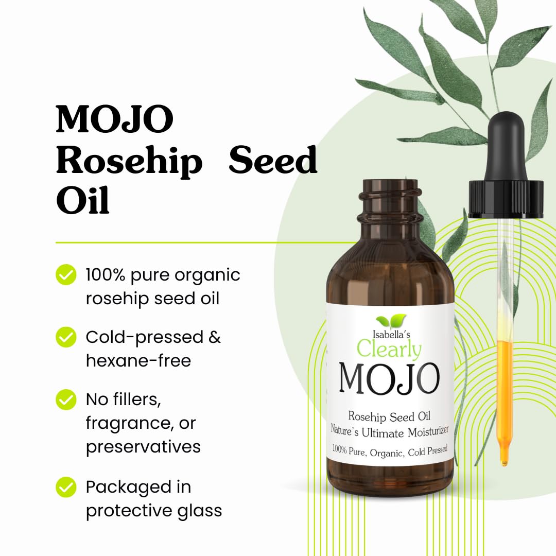 Clearly MOJO de Isabella: Aceite de Rosa Mosqueta Orgánico 100% Puro, Prensado en Frío, Sin Hexano | Hidratante Natural para Rostro, Cabello, Uñas y Cutículas | En Frasco de Vidrio - 60ml