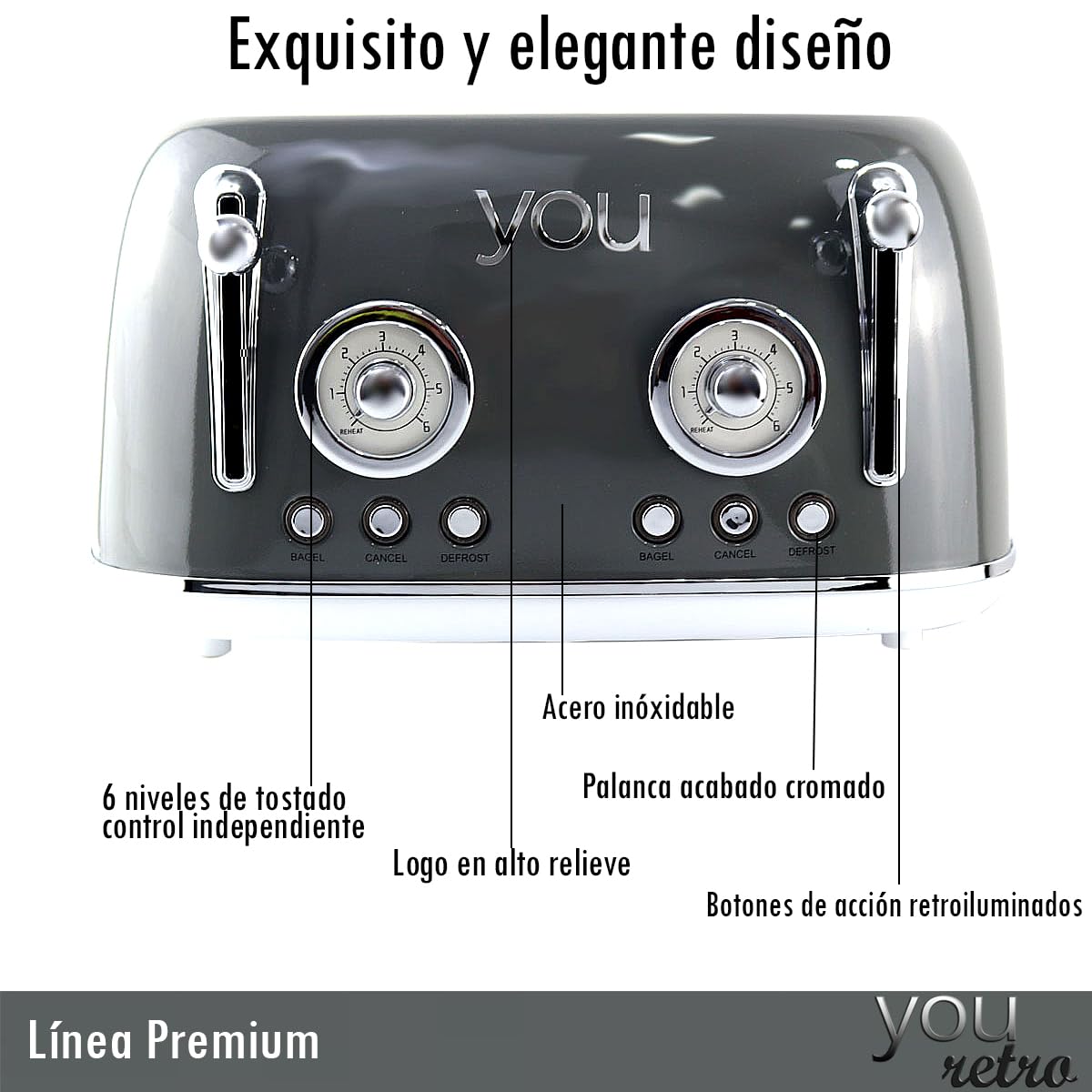 Tostadora De Pan Retro Electrica De 4 Rebanadas Con 6 Niveles Con Funcion de Cancelacion Ranura Ancha YOU