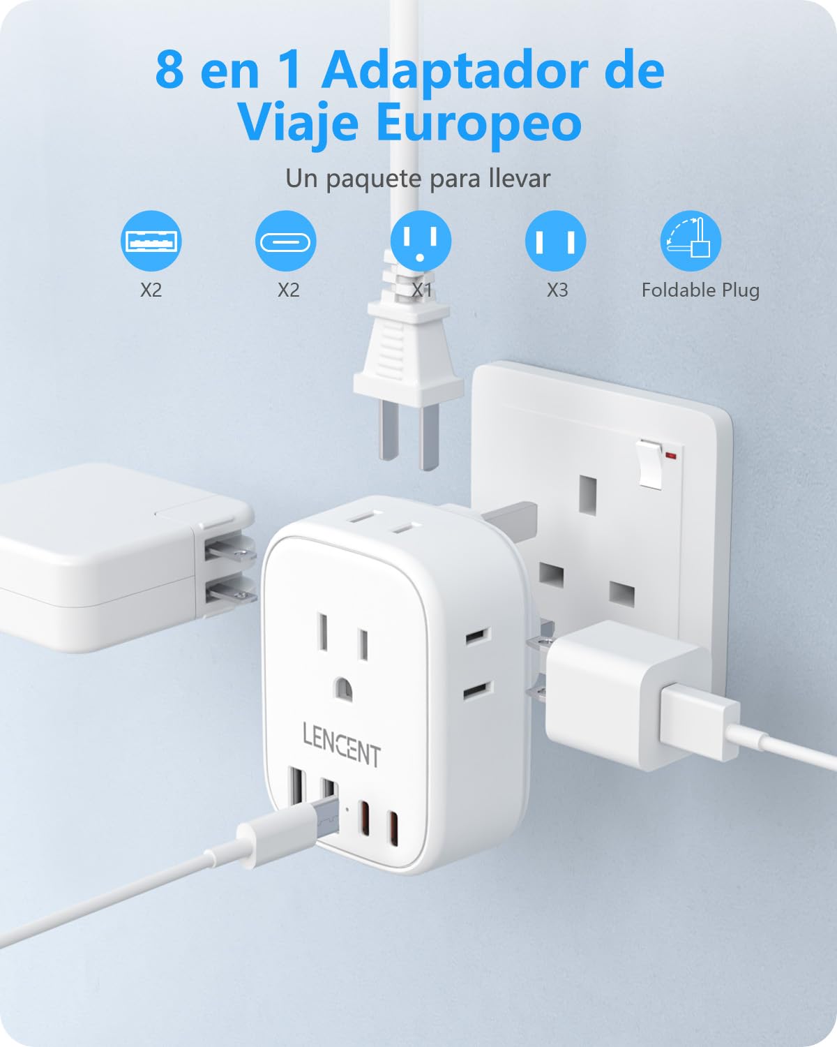 LENCENT Adaptador de Enchufe Inglés Tipo G con 4 Salidas CA, 2 USB-C y 2 USB-A - Cargador para Viaje de México a Reino Unido, Hong Kong, Irlanda, Dubái
