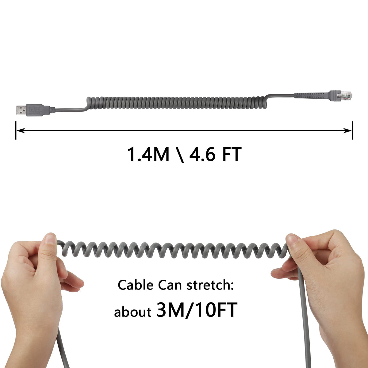 Cable de Extensión Espiral USB a RJ45 SinLoon para Escáner de Código de Barras 3M
