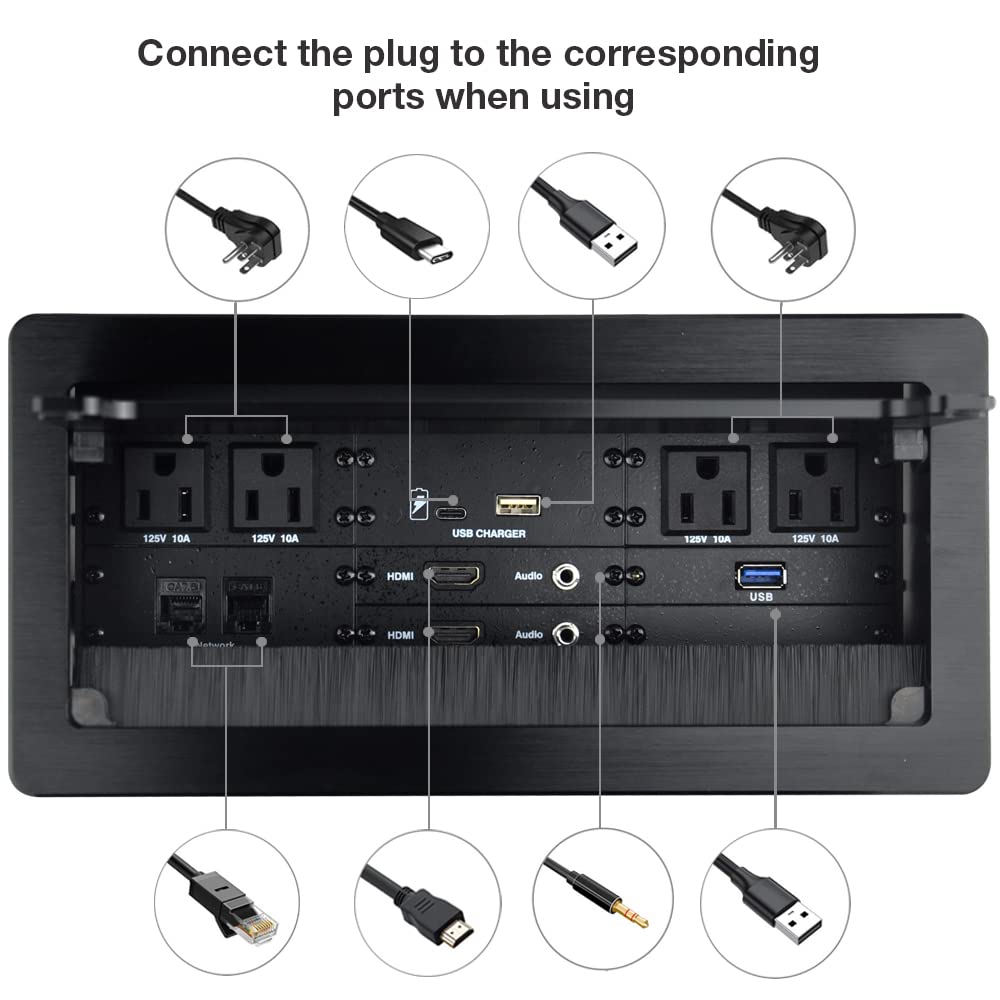 Caja de conectividad con 4 alimentación de CA +2 HDMI+2 audio +2 LAN+1 cargador USB-A +1 cargador USB-C +1 datos USB3.0 con cable de alimentación de 5 pies para sala de conferencias (negro)