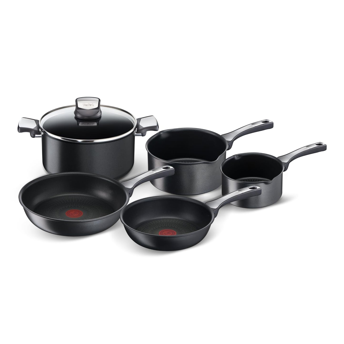 T-fal Unlimited On, Set de 5 Sartenes y cazos, sarten 20 y 26 cm, cazos 16, 20 y 24 cm, Thermo-Signal, Apta para Gas, vitrocerámica, eléctricas e inducción, Forma Profunda, Base Reforzada, 25990AZ