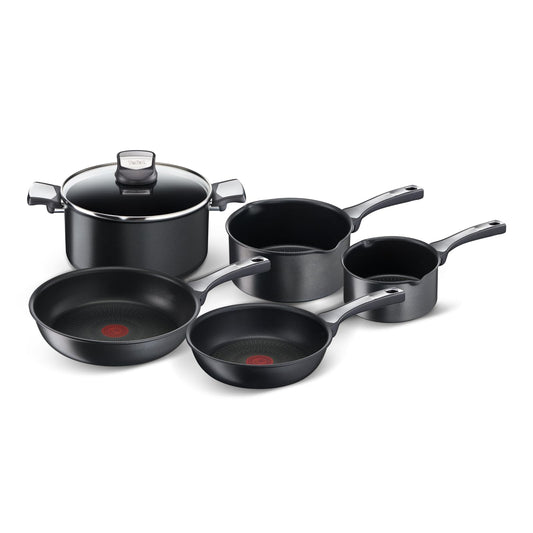 T-fal Unlimited On, Set de 5 Sartenes y cazos, sarten 20 y 26 cm, cazos 16, 20 y 24 cm, Thermo-Signal, Apta para Gas, vitrocerámica, eléctricas e inducción, Forma Profunda, Base Reforzada, 25990AZ