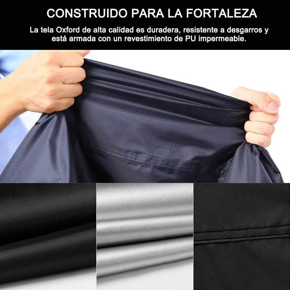 Cubierta para Motocicleta Impermeable Al Libre - Funda para Moto Protección Contra el Polvo, Lluvia y Clima, Agujeros de Bloqueocontra, Poliéster Protección 190T (245 * 125 * 105cm, Negro y Plata)