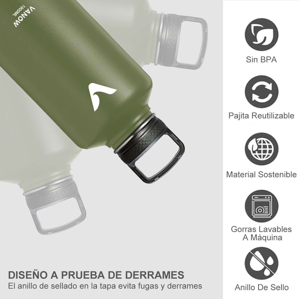 Termo de Acero Inoxidable con Asa Verde Militar Doble Pared Tapa Hermética Antigoteo 1900ml