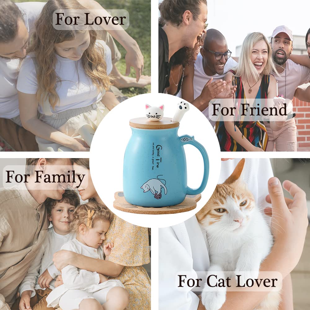 BigNoseDeer - Taza de cerámica con infusor y tapa, taza de té para gatos Kawaii, taza de té con forma de cuchara y taza de té, lindos regalos para mujeres (azul 13 onzas)