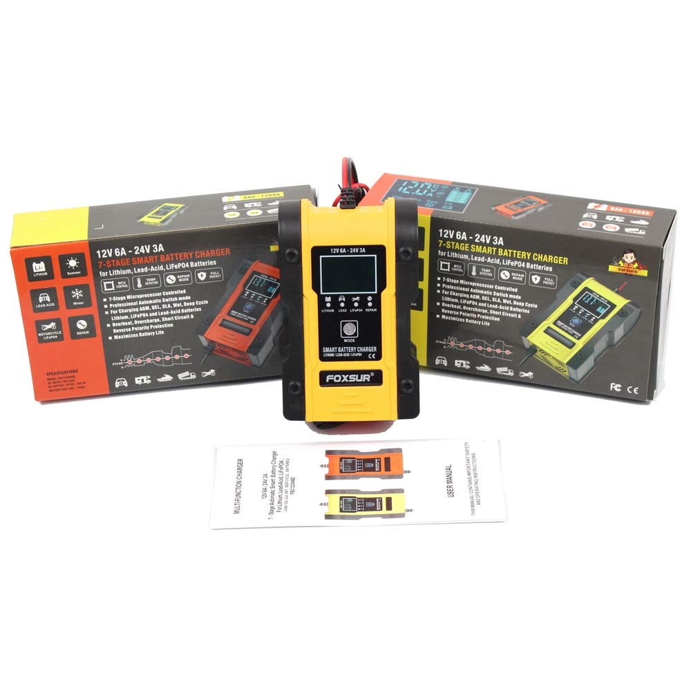 IEIK Cargador de batería de 12 V/6 A para coche, camión, motocicleta, cortacésped, barco, ATV, litio/LiFePO4/plomo/ácido/ciclo profundo