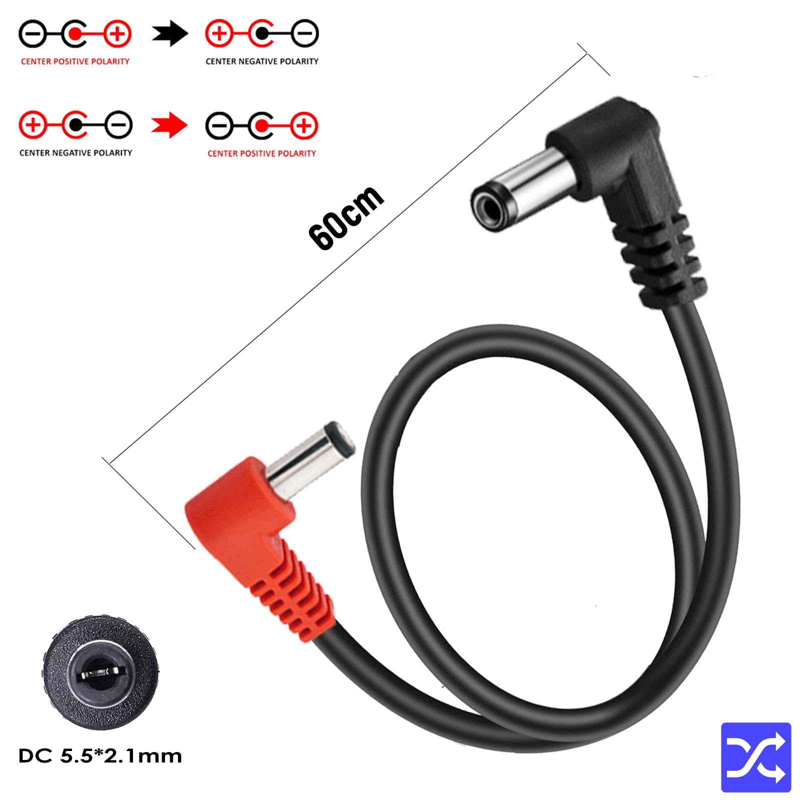 AYCRIT - Cable de alimentación de pedal de guitarra en ángulo recto de 12 pulgadas, 30 cm, cable de alimentación de 5,5 x 2,1 mm, ángulo recto en ambos extremos, paquete de 9 macho a macho