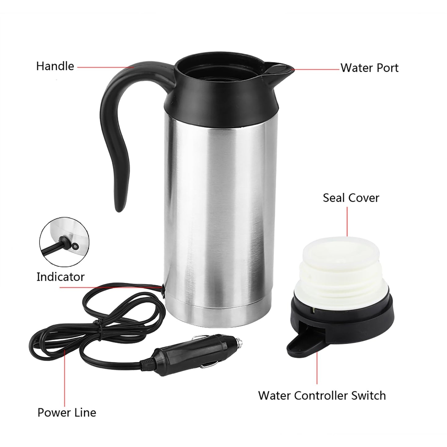 Hervidor Eléctrico para Coche, 750ml 12V, Taza de Calefacción de Acero Inoxidable para Coche, Termos de Viaje Eléctricos, Taza de Calefacción Portátil para Coche, Taza Eléctrica