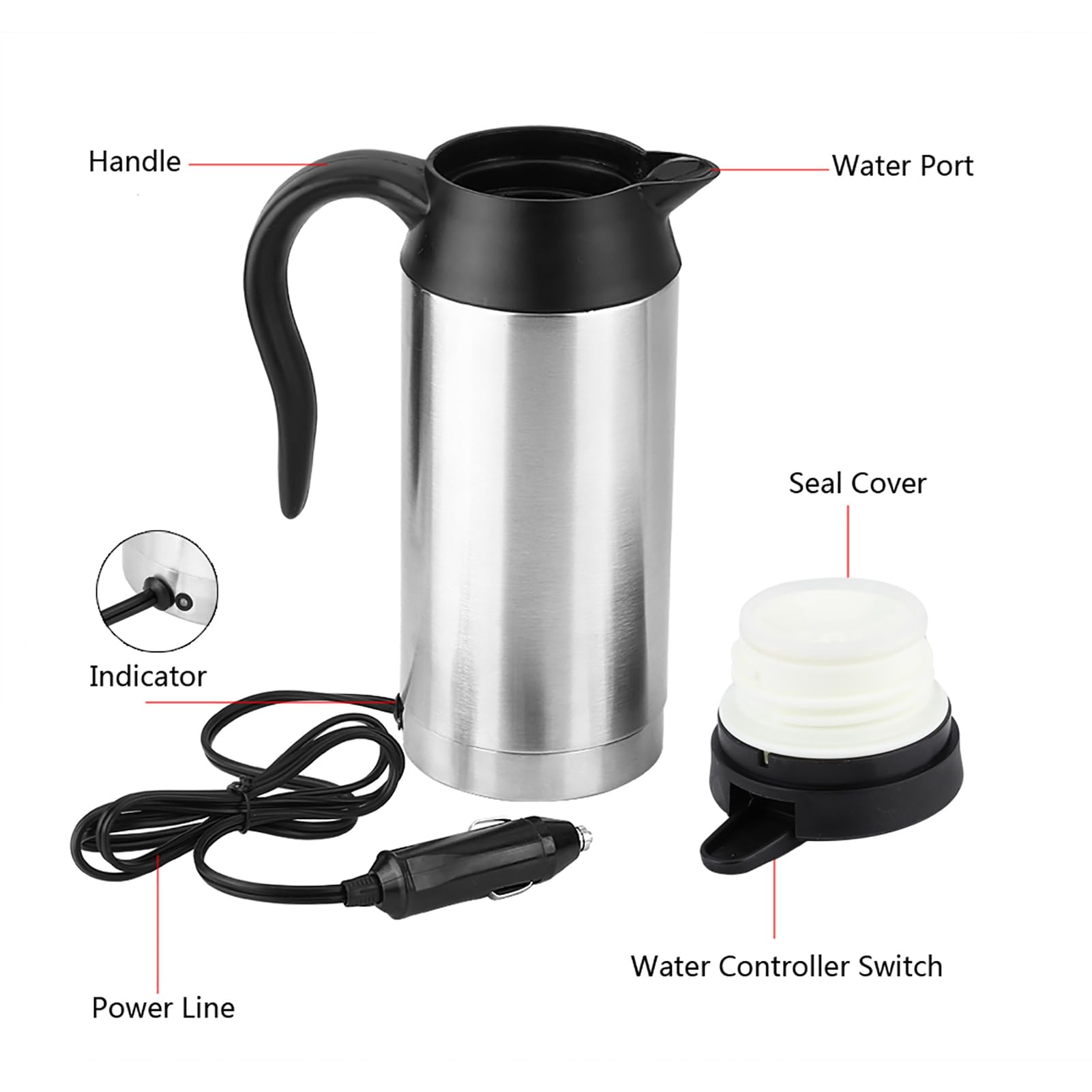 Hervidor Eléctrico para Coche, 750ml 12V, Taza de Calefacción de Acero Inoxidable para Coche, Termos de Viaje Eléctricos, Taza de Calefacción Portátil para Coche, Taza Eléctrica