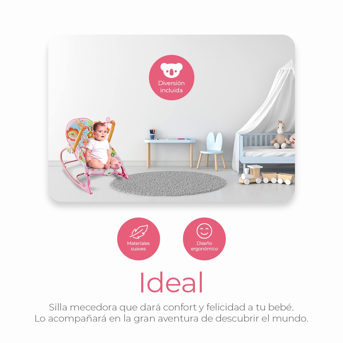 Silla Mecedora Musical Raganet Rosa con Barra de Juguetes Desmontable para Bebés y Niños