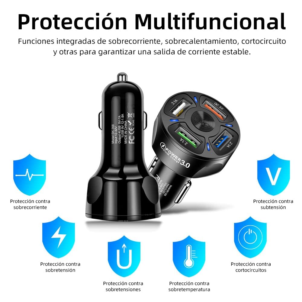 BAYLOVE Soporte Celular Automóvil + Adaptador Auto Carga Rápida Cuatro Puertos, Soporte Celular Auto por Gravedad para Ventosa De Alta Viscosidad, Apto para Todos Los Modelos de Teléfono Móvil