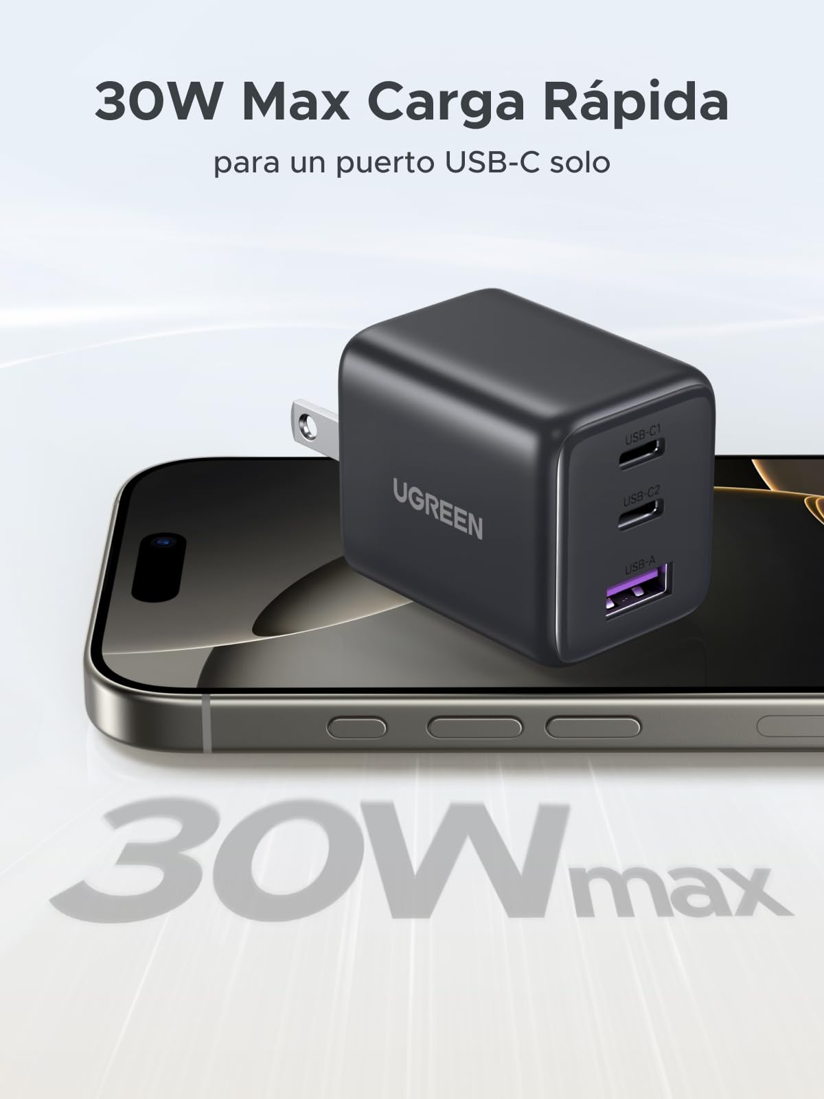 Cargador GAN 30W UGREEN Negro USB C 3 Puertos Rápido para Celular
