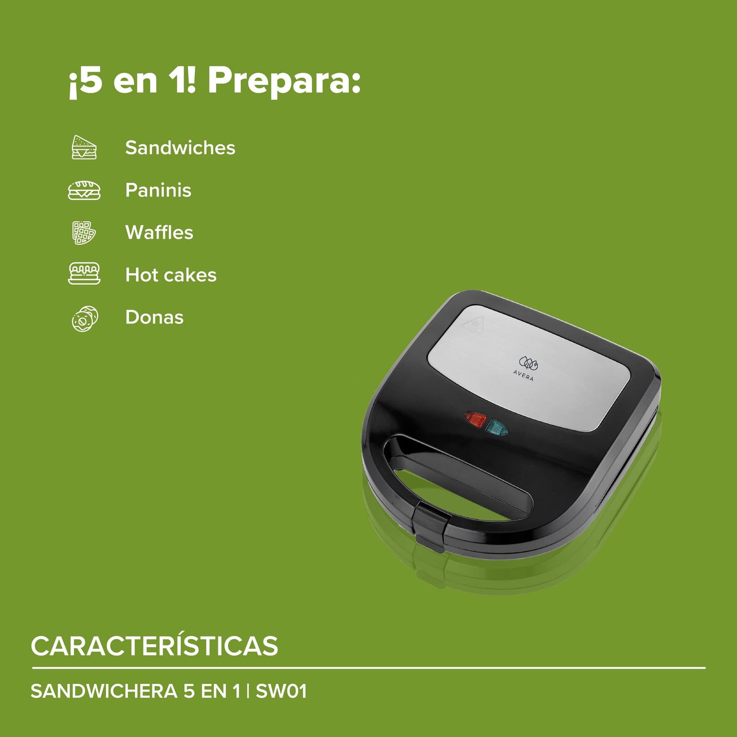AVERA Sandwichera 5 en 1 (Incluye Placas para Waffles, Hot Cakes, Parrilla Panini Sandwich y Donitas), Sandwichera Electrica, Sanwichera | Color Negro | SW01