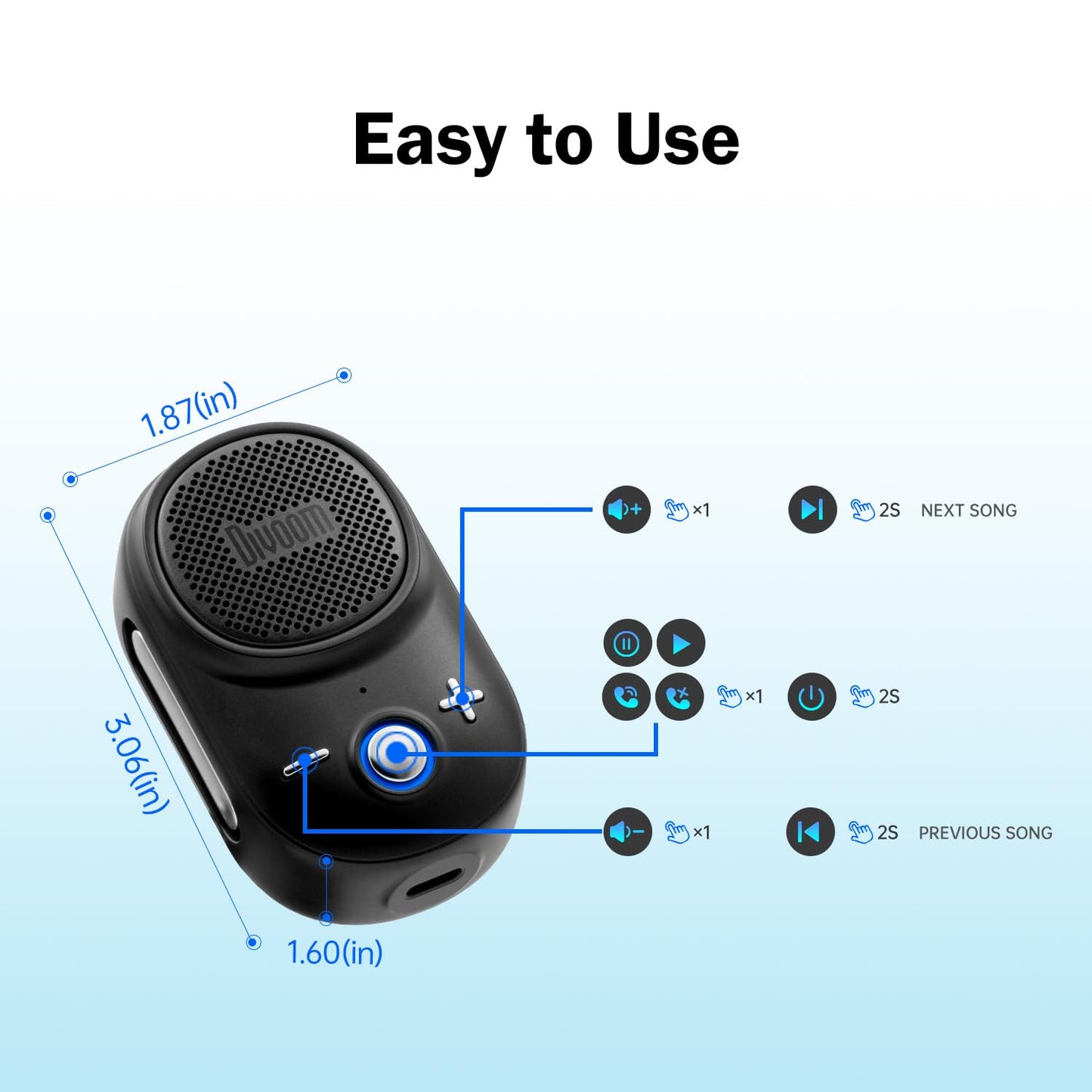 Divoom Itour-S Mini Altavoz Bluetooth portátil con micrófono, Altavoz portátil con Clip, Audio Grande y Graves impactantes, IP67 Impermeable, Tiempo de reproducción de 10 Horas, para el Lugar de