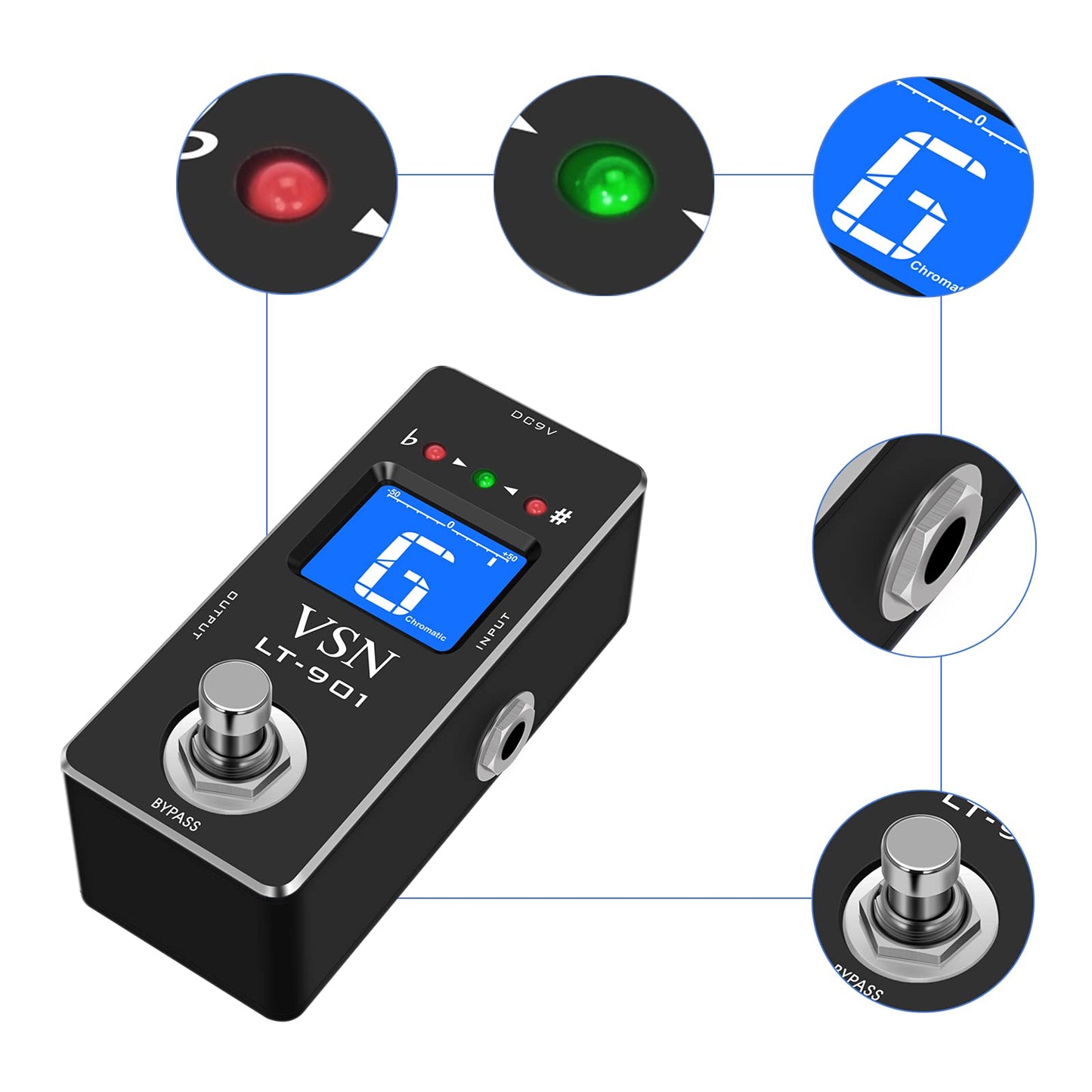 VSN Tuner Pedal,Guitar Chromatic Tuner Pedal for High Precision ± 1 Cent with Pitch Indicator for Electric Guitar and Bass True Bypass LT-901