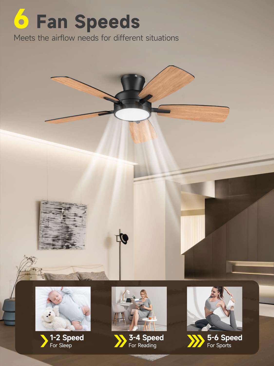 Ventilador de Techo TALOYA negro de 46 Pulgadas con Luz y Control Remoto Regulable para Dormitorio