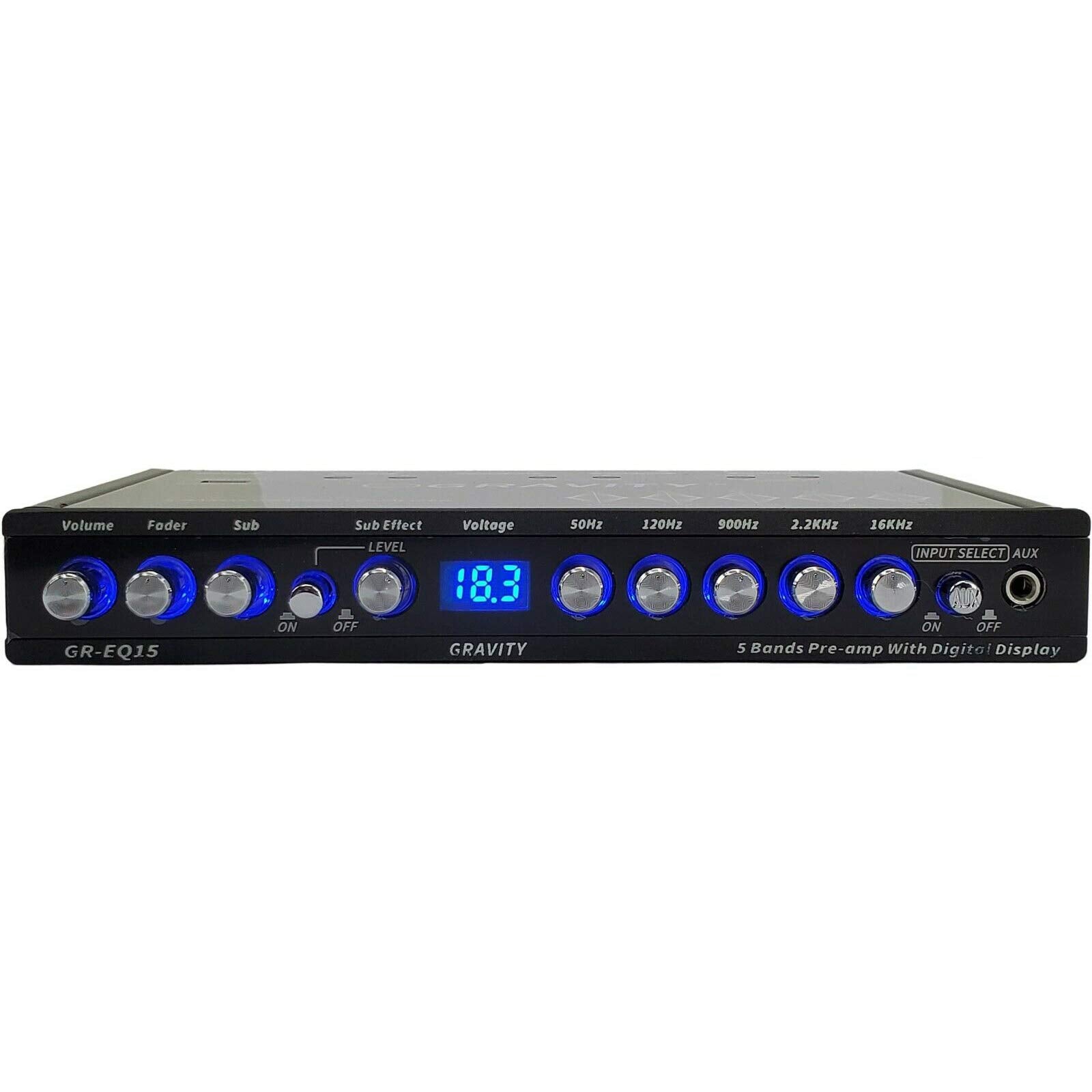 Gravity EQ15 1/2 DIN Cinco bandas de ecualización de audio para coche EQ frontal, control de volumen trasero + maestro con hasta 9 voltios RMS de salida/tres salidas RCA estéreo