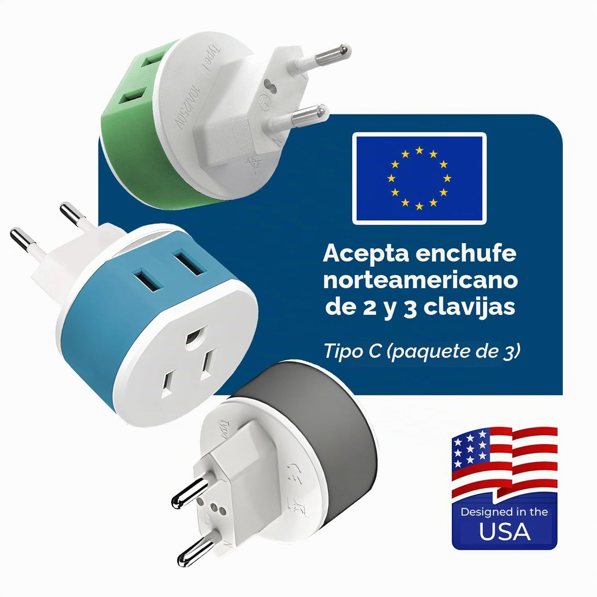 Adaptador de Enchufe Europeo OREI Negro con 2 Entradas para Viaje