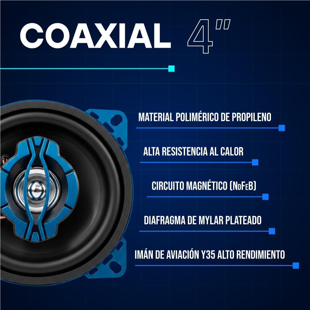 Evolum Audio - Kit Bocinas 2 Vías - Sonido Claro y Potente - Potencia RMS de 100 W - Gran Volumen y Claridad sin Distorsión - Fácil Instalación & Amplia Compatibilidad - Modelo Coaxial (4 in)