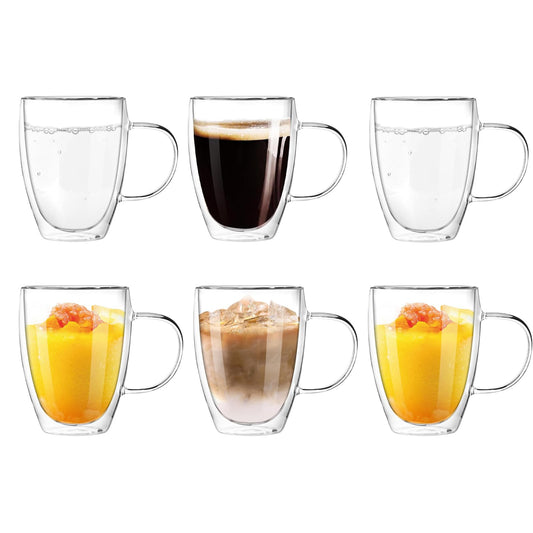 LINGLUCKY Tazas de Café de Cristal de Doble pared con Asa, 6 piezas Vasos de Café Espresso de Vidrio de Café Aislado, Tazas de Café con Leche para Cappucchino Espresso Té Café