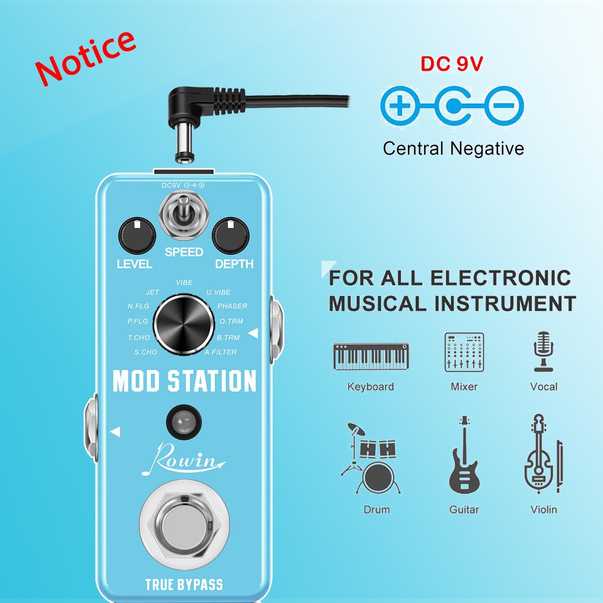 Pedales de Efecto Digital Rowin Negro con True Bypass para Guitarra Eléctrica y Bajo