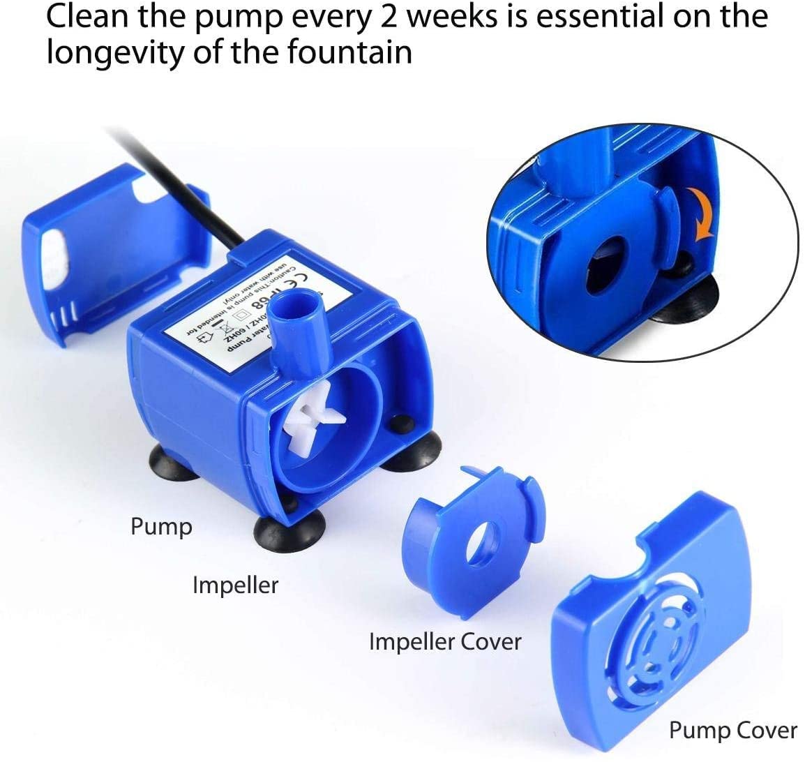 Bomba de agua eléctrica sumergible ultra silenciosa de nueva generación Cable largo de 5.9 pies Motor de bajo consumo de energía Compatible para fuentes de flores para mascotas, azul